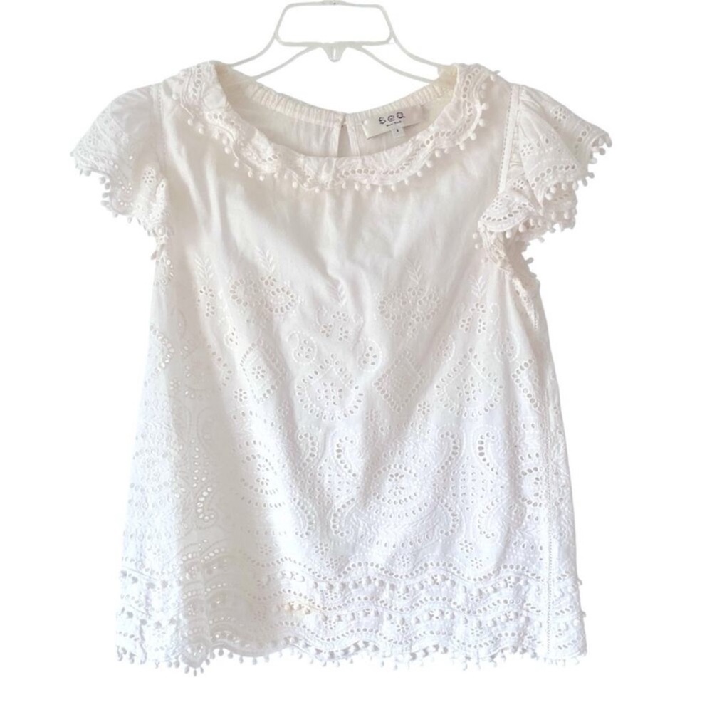 Sea New York White Eyelet Blouse with Pompom detail size 2